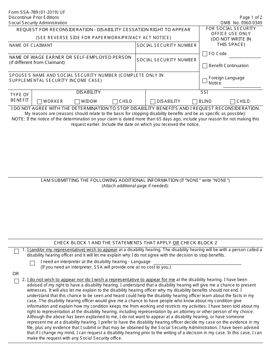 Form SSA-789 Request for Reconsideration - Disability Cessation Right to Appeal, Page 1