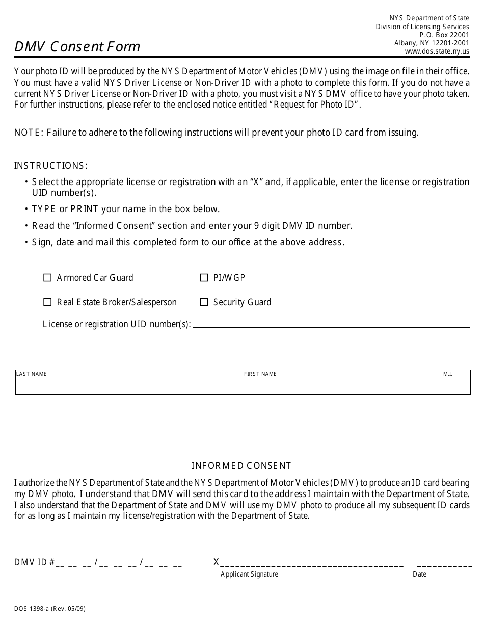 Form DOS1398-A DMV Consent Form - New York, Page 1