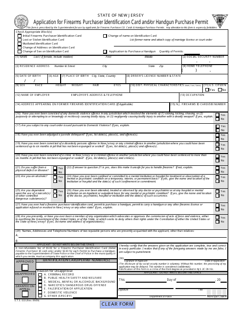 Form S.T.S.033 Application for Firearms Purchaser Identification Card and/or Handgun Purchase Permit - New Jersey