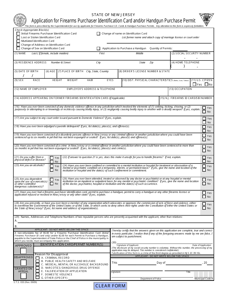 Form S.T.S.033 Application for Firearms Purchaser Identification Card and / or Handgun Purchase Permit - New Jersey, Page 1