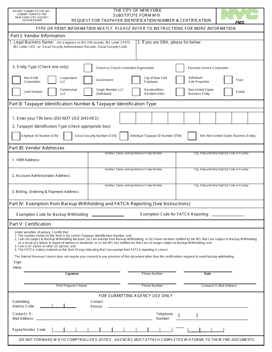 Substitute Form W-9: Request for Taxpayer Identification Number and Certification - New York City, Page 1