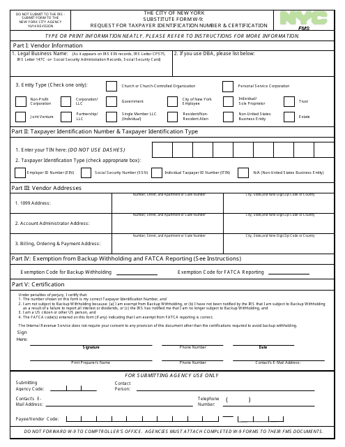 Substitute Form W-9: Request for Taxpayer Identification Number and Certification - New York City