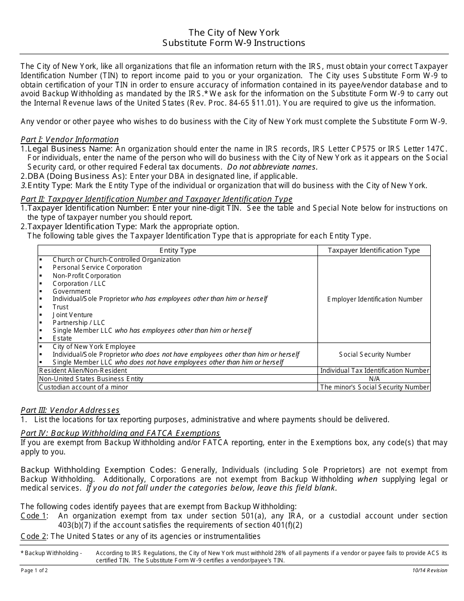 Instructions for Substitute Form W-9: Request for Taxpayer Identification Number and Certification - New York City, Page 1