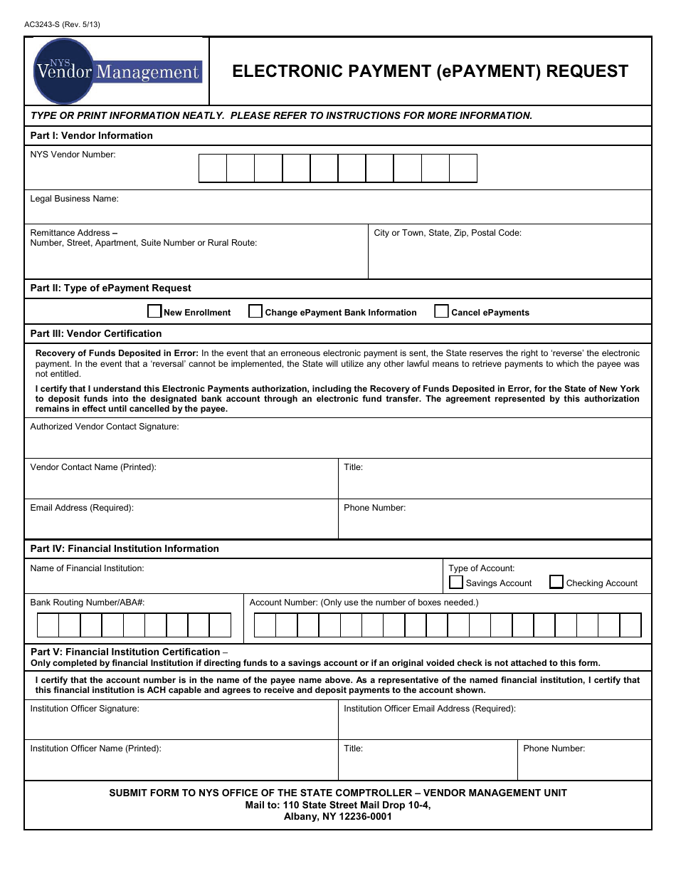 Form AC3243-S Electronic Payment (Epayment) Request - New York, Page 1