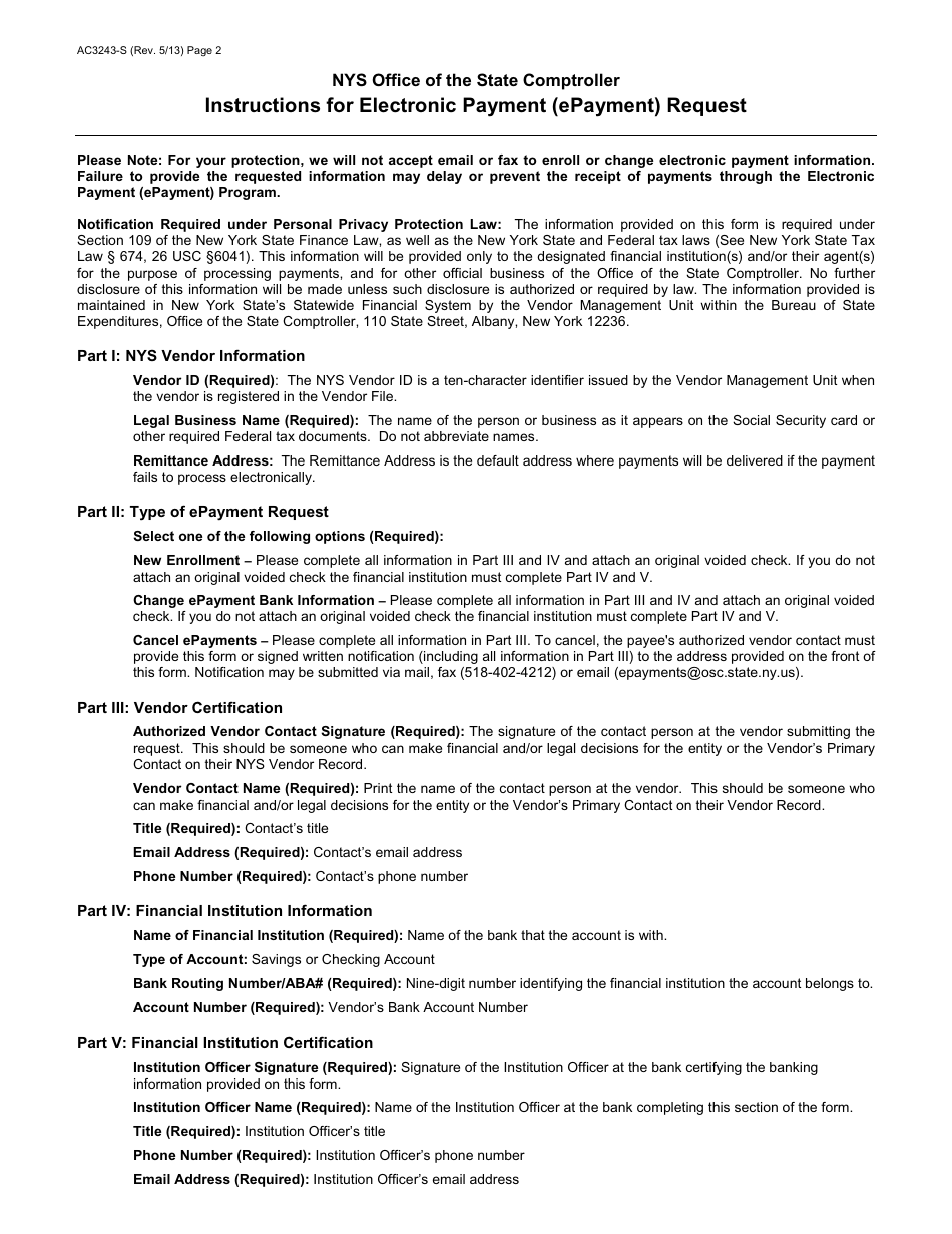 Form AC3243-S Electronic Payment (Epayment) Request - New York, Page 2
