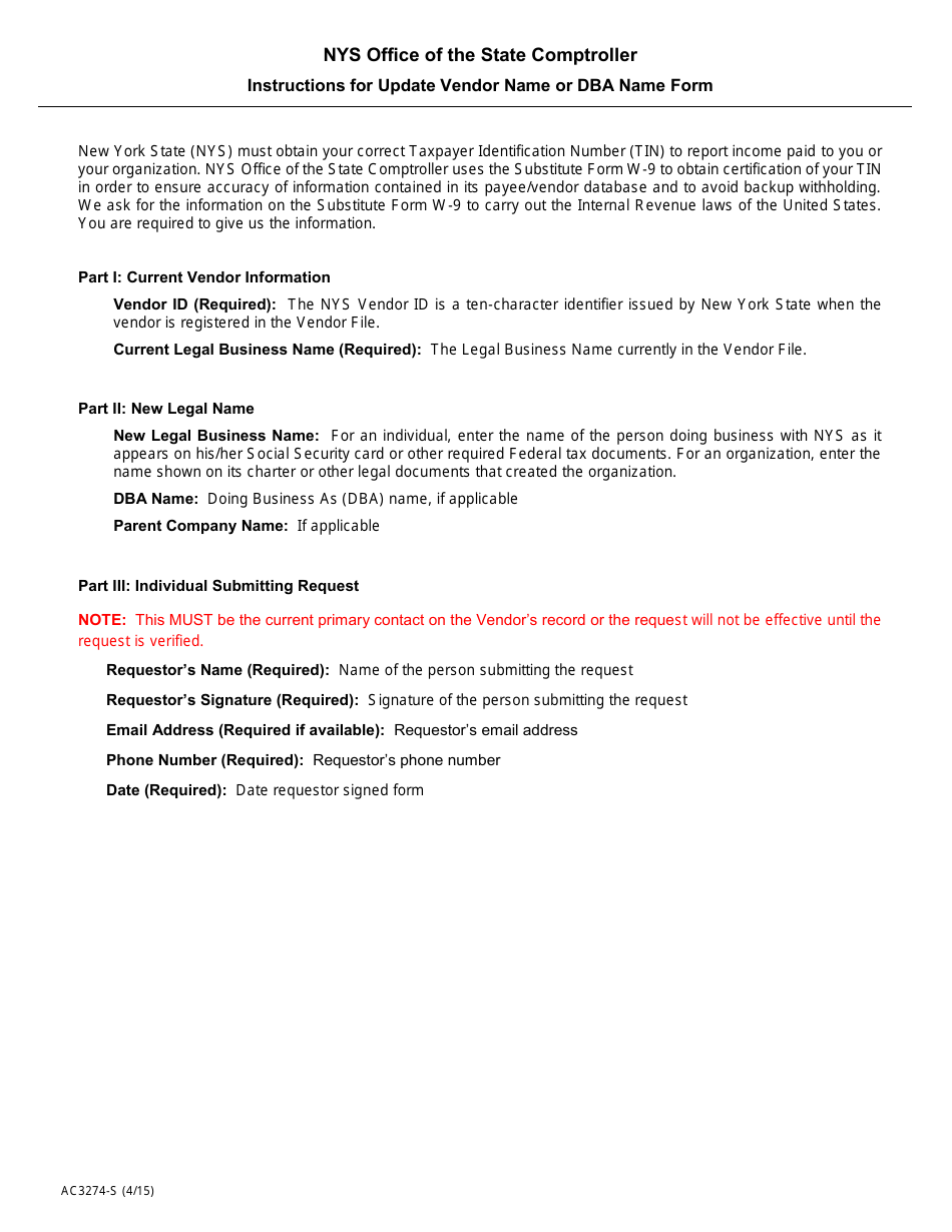 Form AC3274-S Update Vendor Name - New York, Page 2
