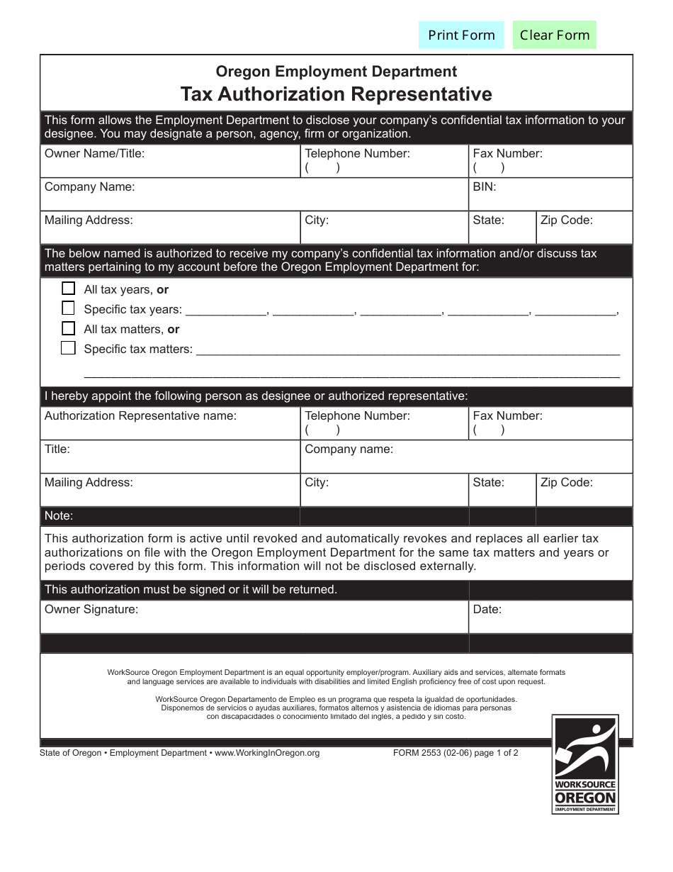 Form 2553 Tax Authorization Representative - Oregon, Page 1