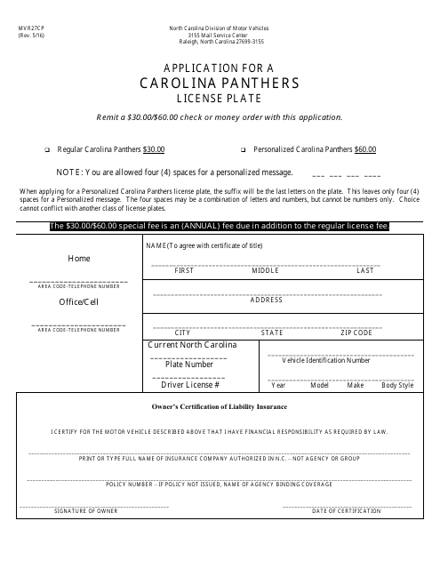 Form MVR27CP Application for a Carolina Panthers License Plate - North Carolina