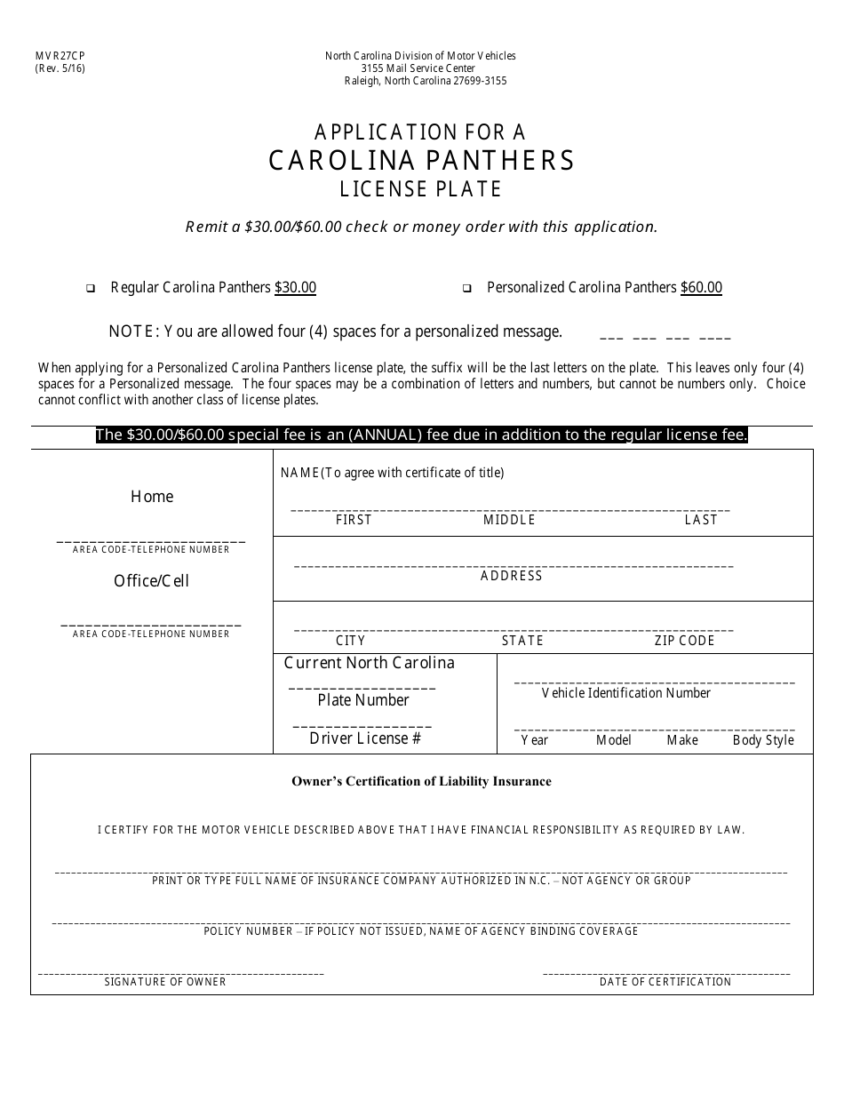 Form MVR27CP Application for a Carolina Panthers License Plate - North Carolina, Page 1