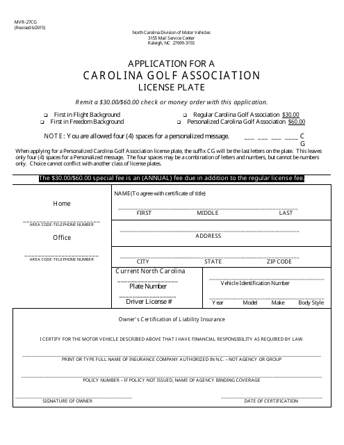 Form MVR-27G Application for a Carolina Golf Association License Plate - North Carolina
