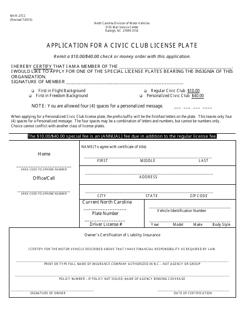Form MVR-27CC Application for a Civic Club License Plate - North Carolina