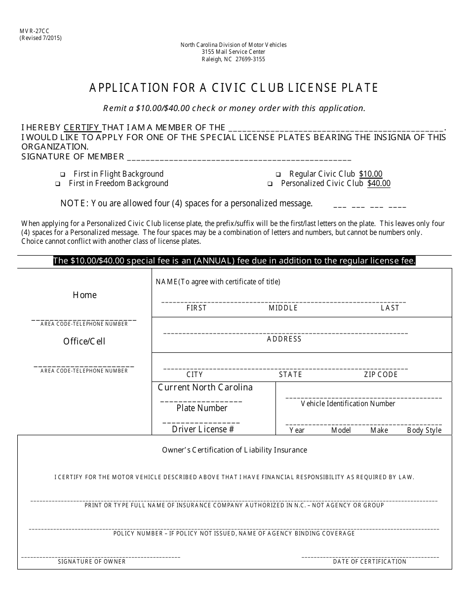 Form MVR-27CC Application for a Civic Club License Plate - North Carolina, Page 1