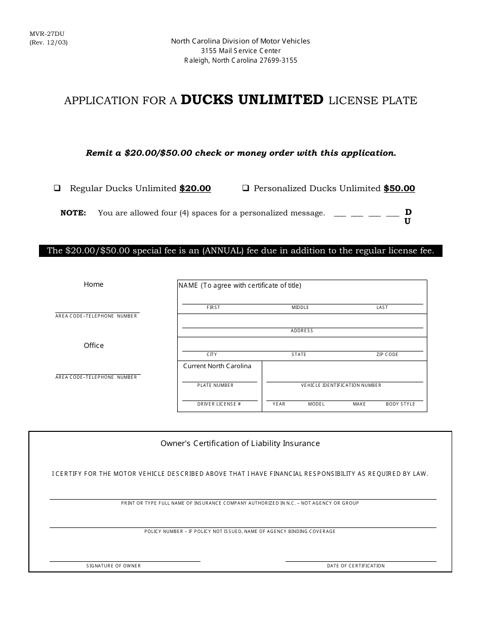 Form MVR-27DU Application for a Ducks Unlimited License Plate - North Carolina, Page 1