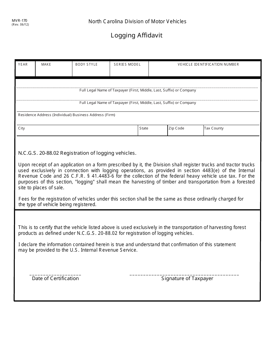 Form MVR-170 Logging Affidavit - North Carolina, Page 1