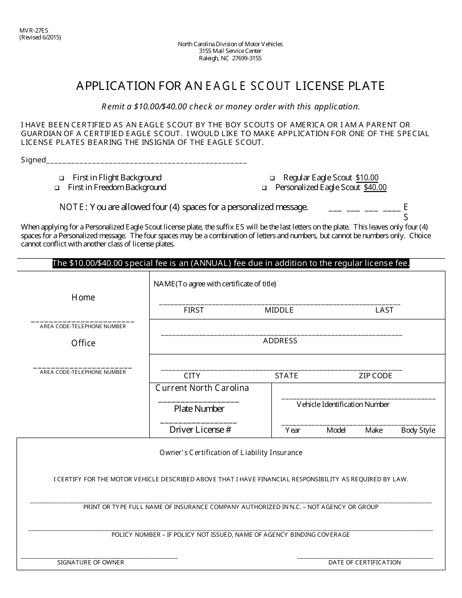 Form MVR-27ES Application for an Eagle Scout License Plate - North Carolina, Page 1