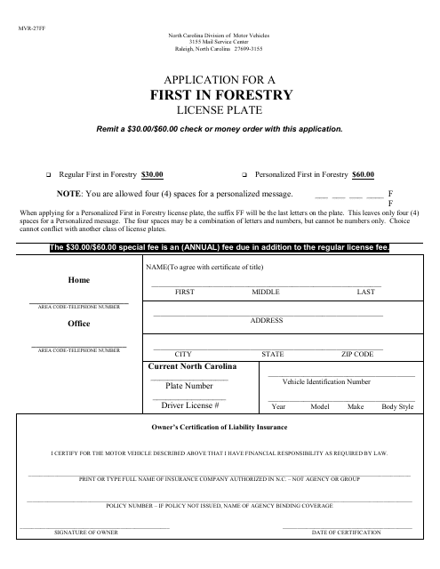 Form MVR-27FF Application for a First in Forestry License Plate - North Carolina