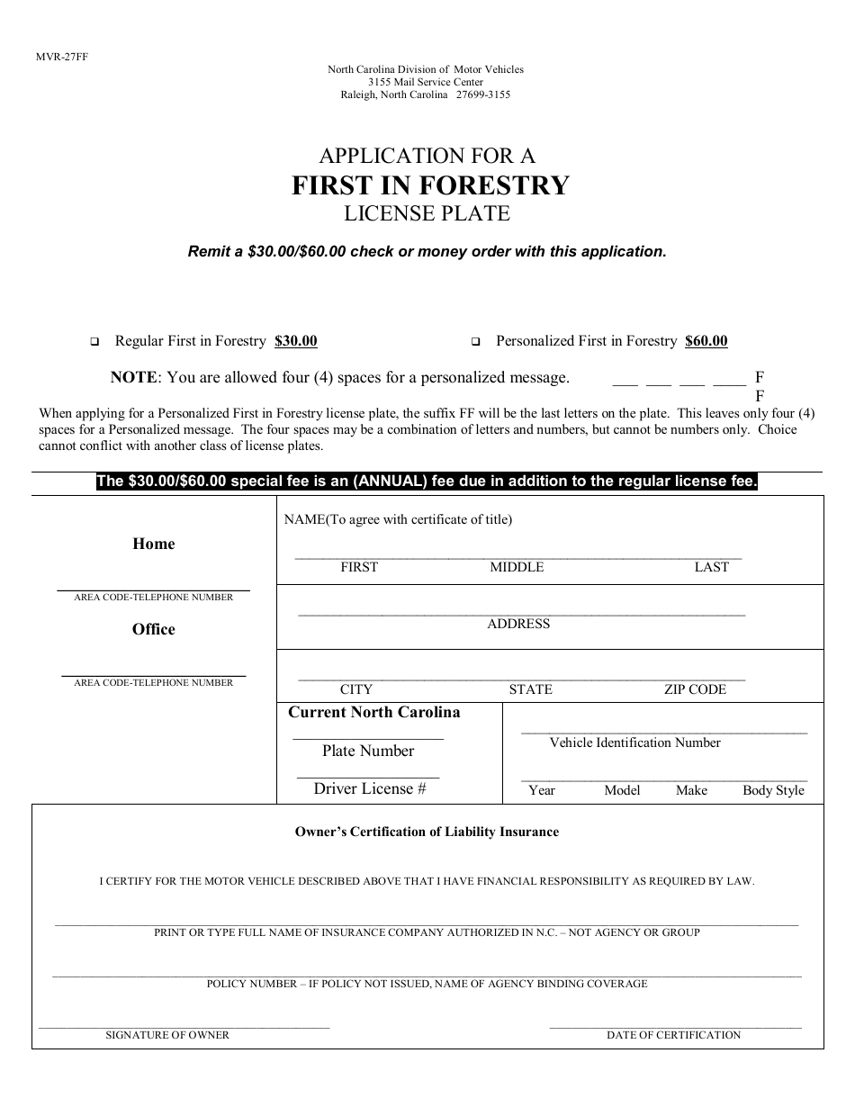 Form MVR-27FF Application for a First in Forestry License Plate - North Carolina, Page 1