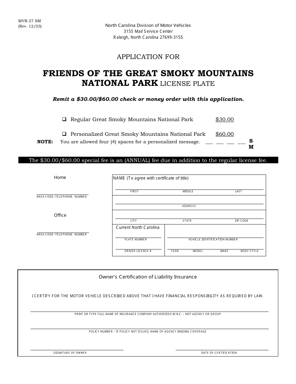 Form MVR-27 SM Application for Friends of the Great Smoky Mountains National Park License Plate - North Carolina, Page 1