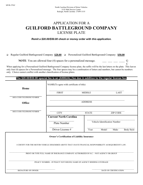 Form MVR-27GC Application for a Guilford Battleground Company License Plate - North Carolina