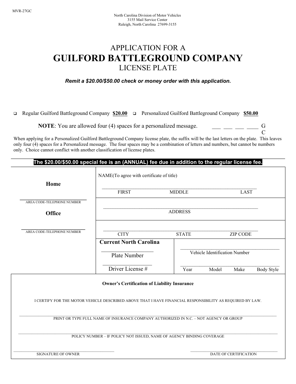 Form MVR-27GC Application for a Guilford Battleground Company License Plate - North Carolina, Page 1