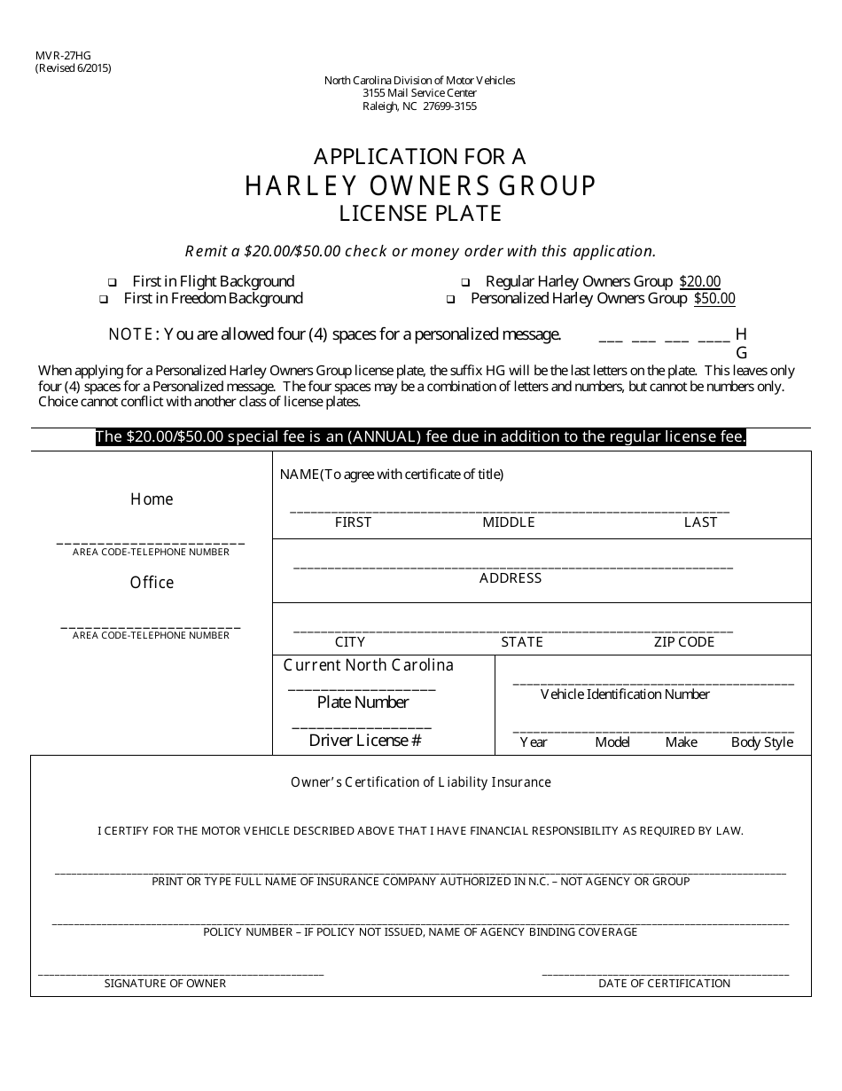 Form MVR-27HG Application for a Harley Owners Group License Plate - North Carolina, Page 1