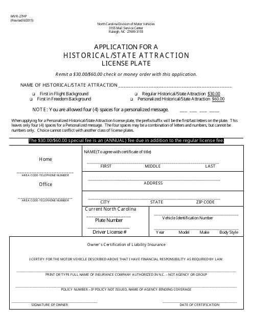 Form MVR-27HP Application for a Historical/State Attraction License Plate - North Carolina