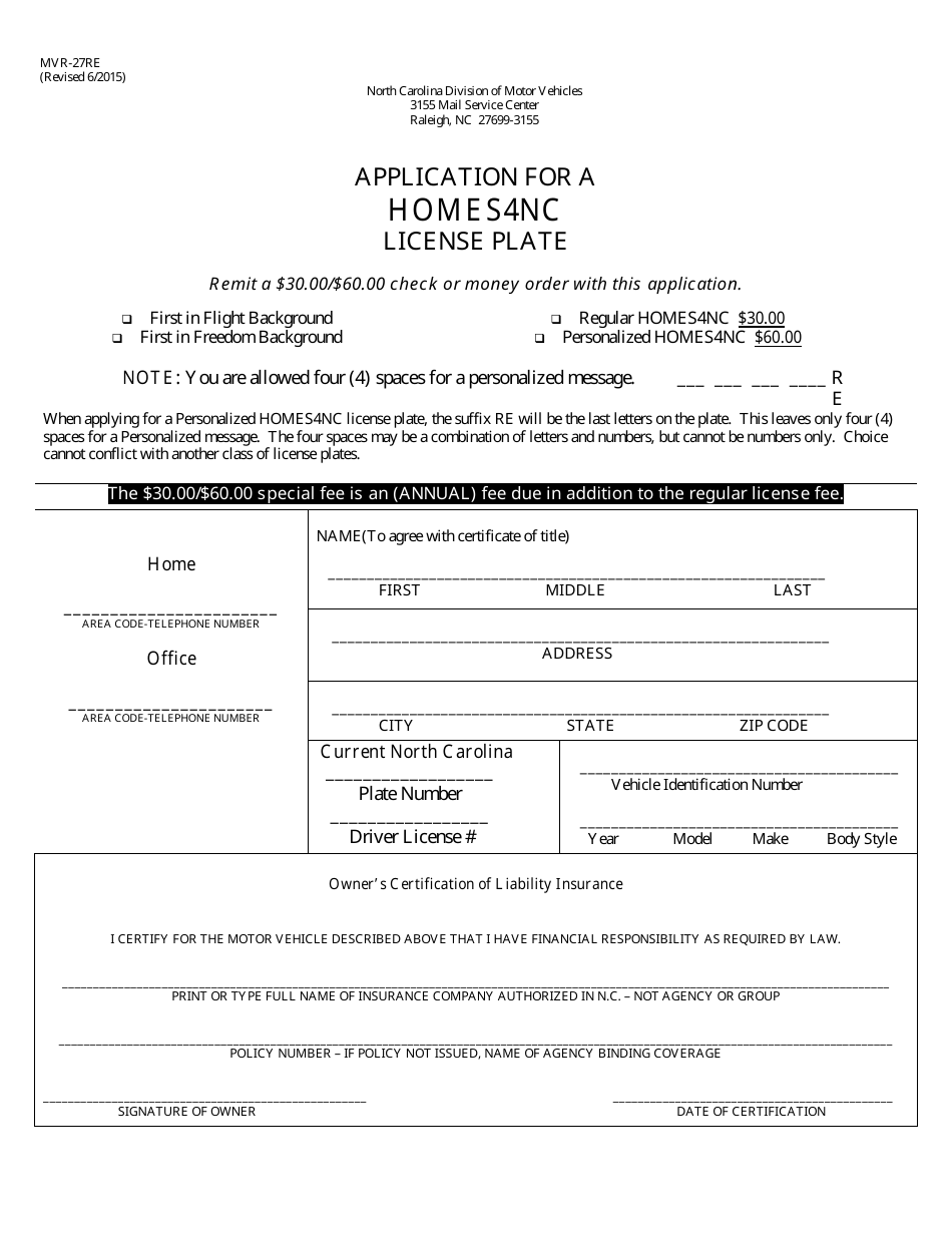 Form MVR-27RE Application for a Homes4nc License Plate - North Carolina, Page 1