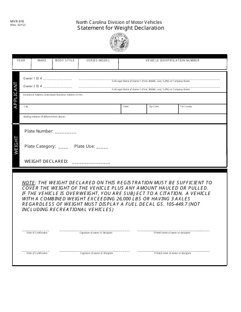 Form MVR-618 Statement for Weight Declaration - North Carolina