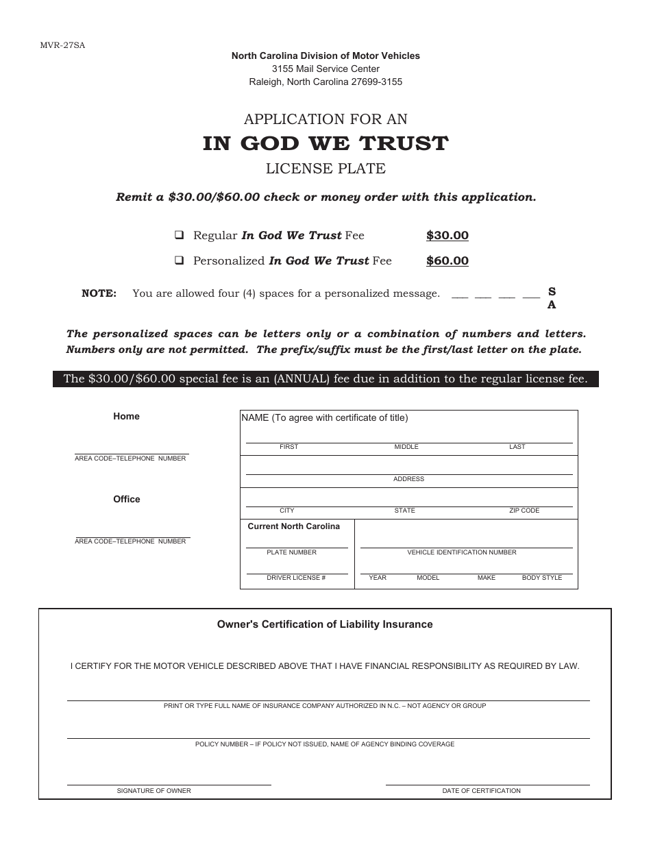 Form MVR-27SA Application for an in God We Trust License Plate - North Carolina, Page 1