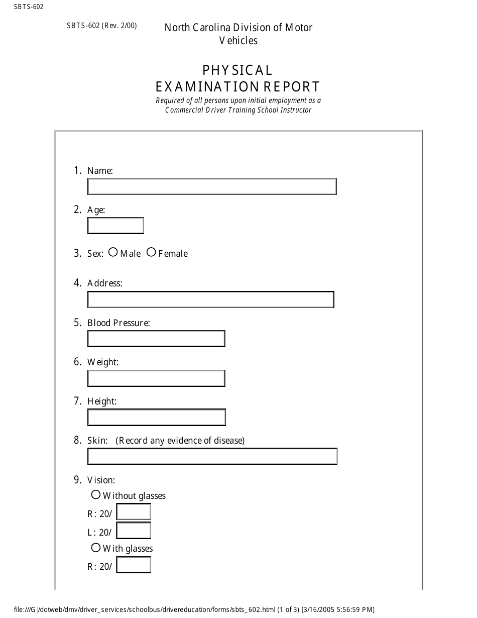 Form SBTS-602 Physical Examination Report - North Carolina, Page 1