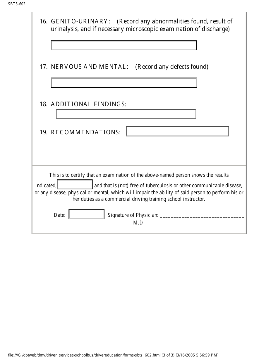 Form SBTS-602 Physical Examination Report - North Carolina, Page 3