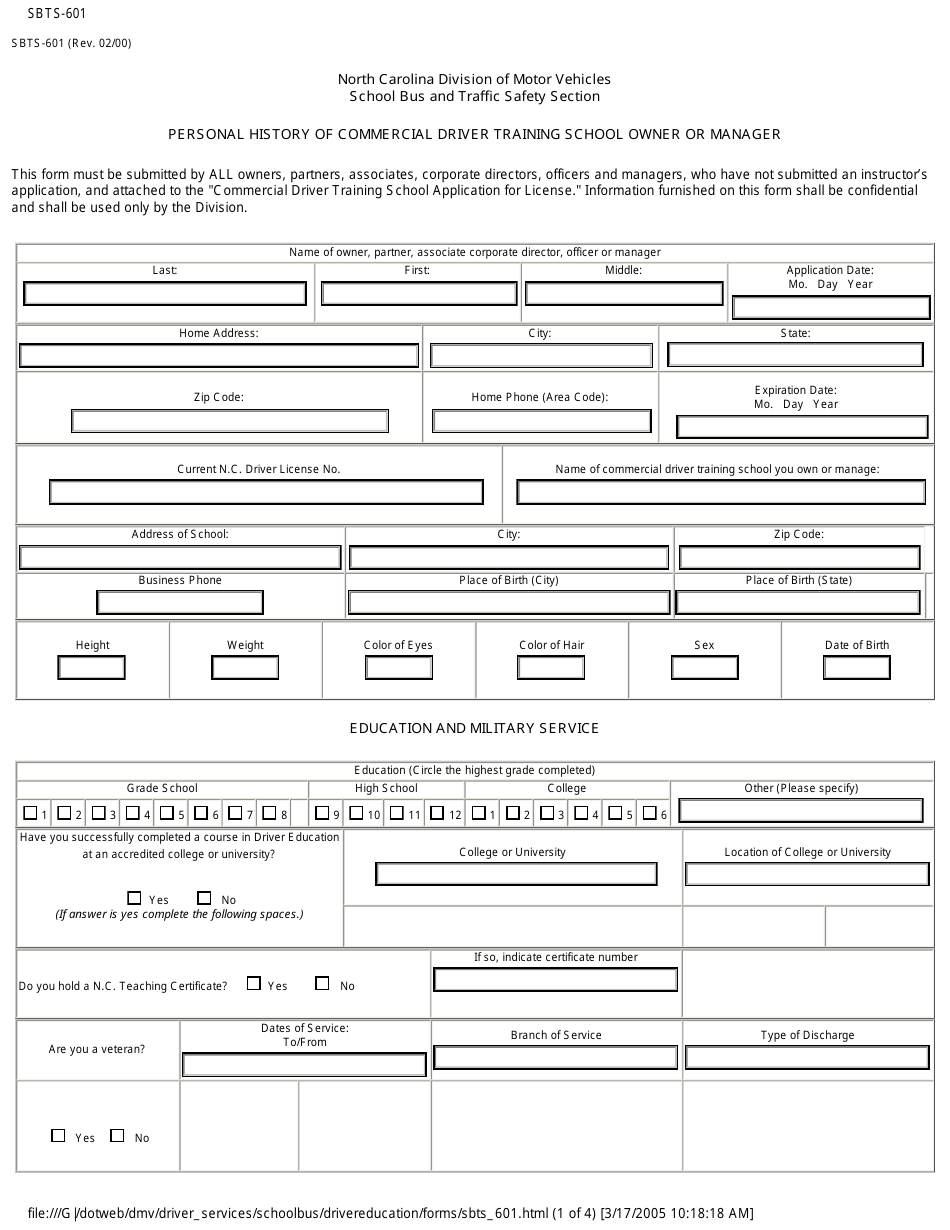 Form SBTS-601 Personal History of Commercial Driver Training School Owner or Manager - North Carolina, Page 1