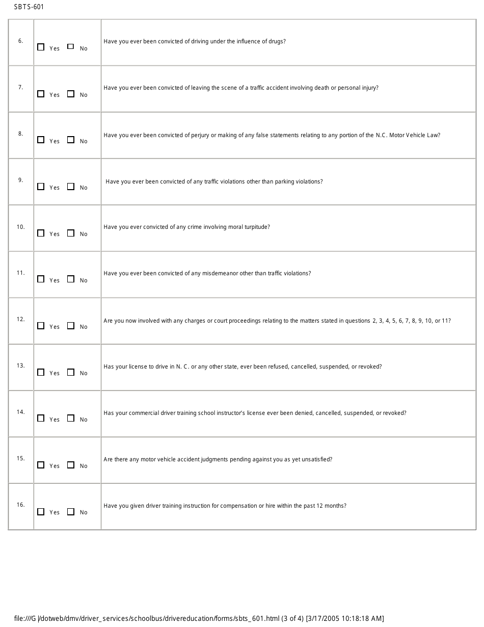 Form SBTS-601 Personal History of Commercial Driver Training School Owner or Manager - North Carolina, Page 3