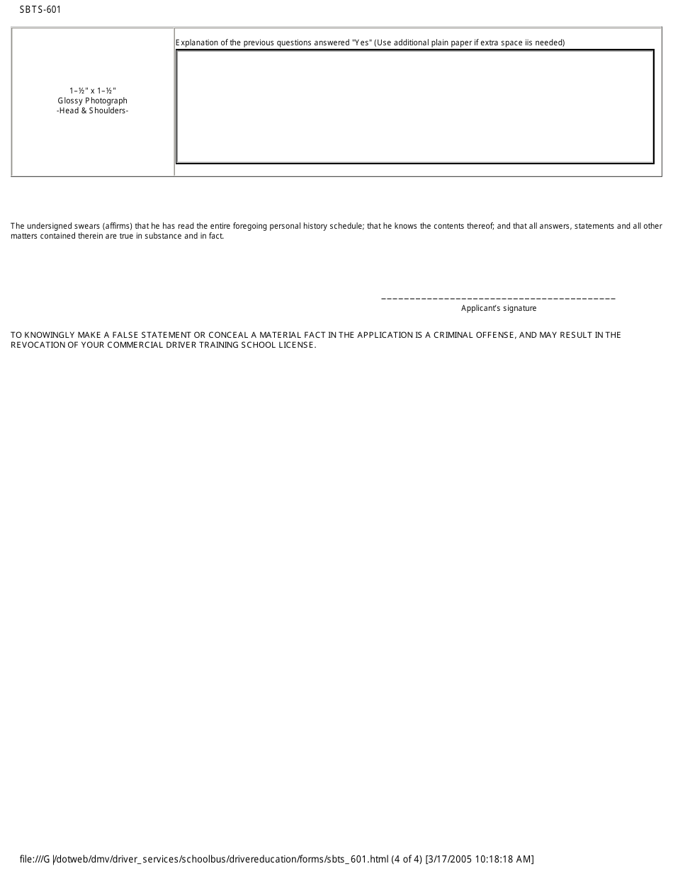 Form SBTS-601 Personal History of Commercial Driver Training School Owner or Manager - North Carolina, Page 4