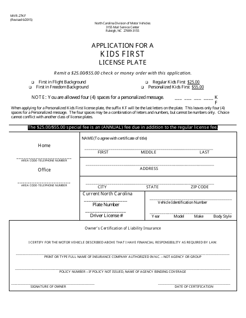 Form MVR-27KF Application for a Kids First License Plate - North Carolina