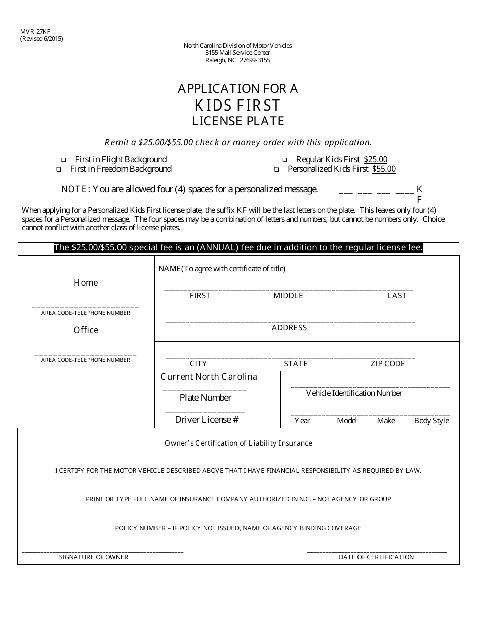 Form MVR-27KF Application for a Kids First License Plate - North Carolina, Page 1