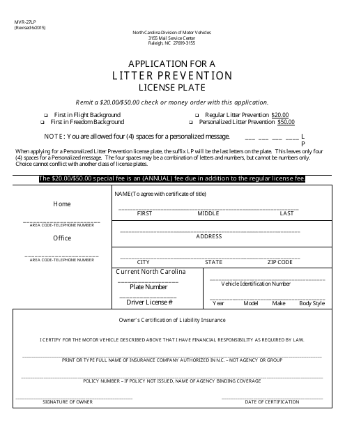 Form MVR-27LP Application for a Litter Prevention License Plate - North Carolina