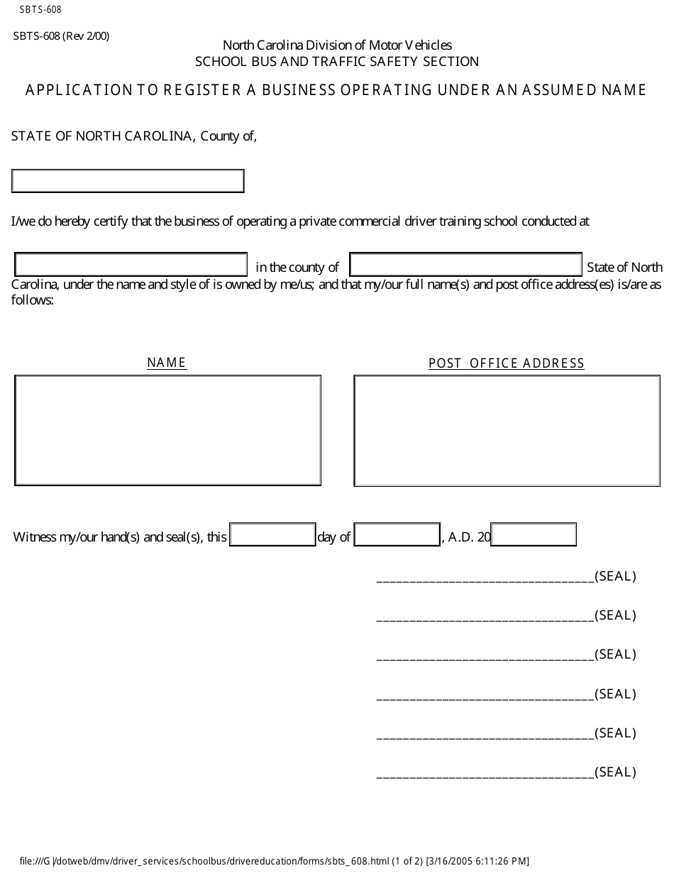 Form SBTS-608 Application to Register a Business Operating Under an Assumed Name - North Carolina, Page 1