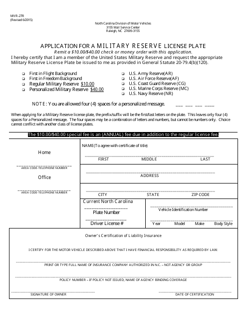 Form MVR-27R Application for a Military Reserve License Plate - North Carolina