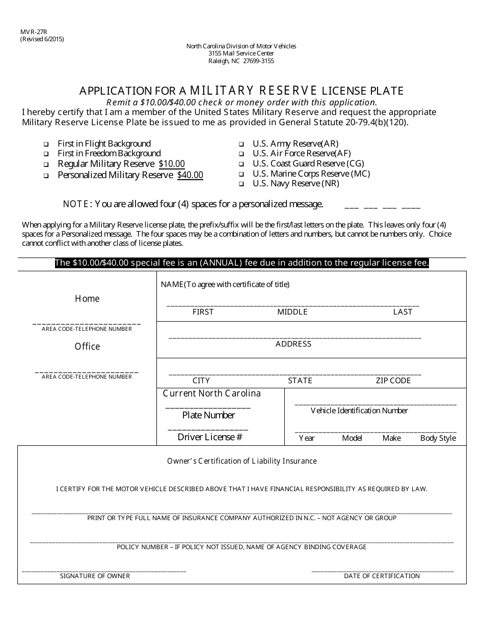 Form MVR-27R Application for a Military Reserve License Plate - North Carolina, Page 1