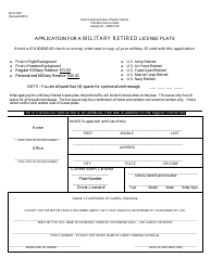 Document preview: Form MVR-27RT Application for a Military Retired License Plate - North Carolina