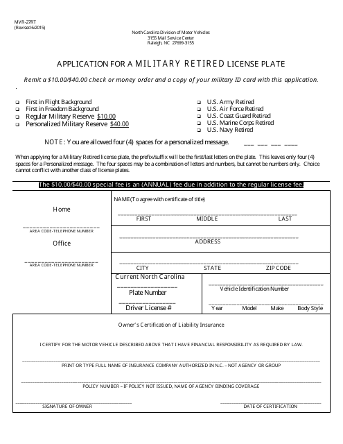Form MVR-27RT Application for a Military Retired License Plate - North Carolina
