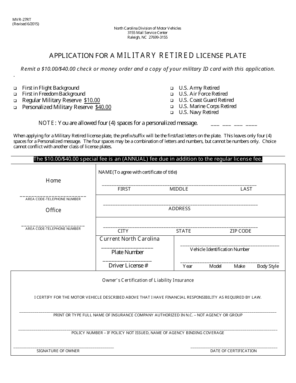 Form MVR-27RT Application for a Military Retired License Plate - North Carolina, Page 1