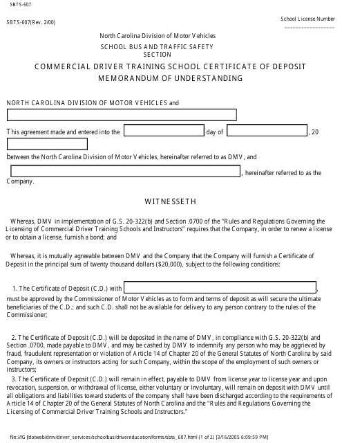 Form SBTS-607 Commercial Driver Training School Certificate of Deposit Memorandum of Understanding - North Carolina
