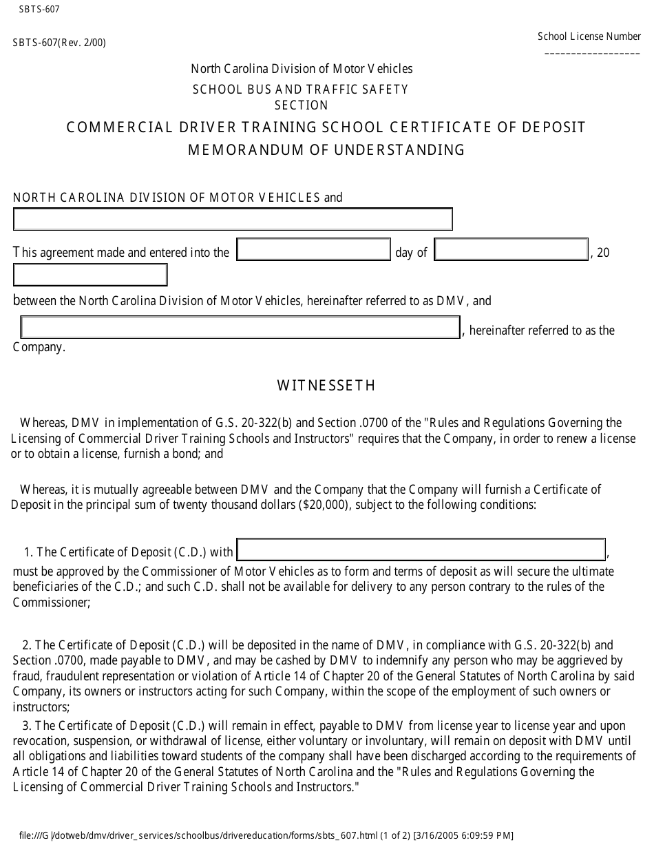 Form SBTS-607 Commercial Driver Training School Certificate of Deposit Memorandum of Understanding - North Carolina, Page 1