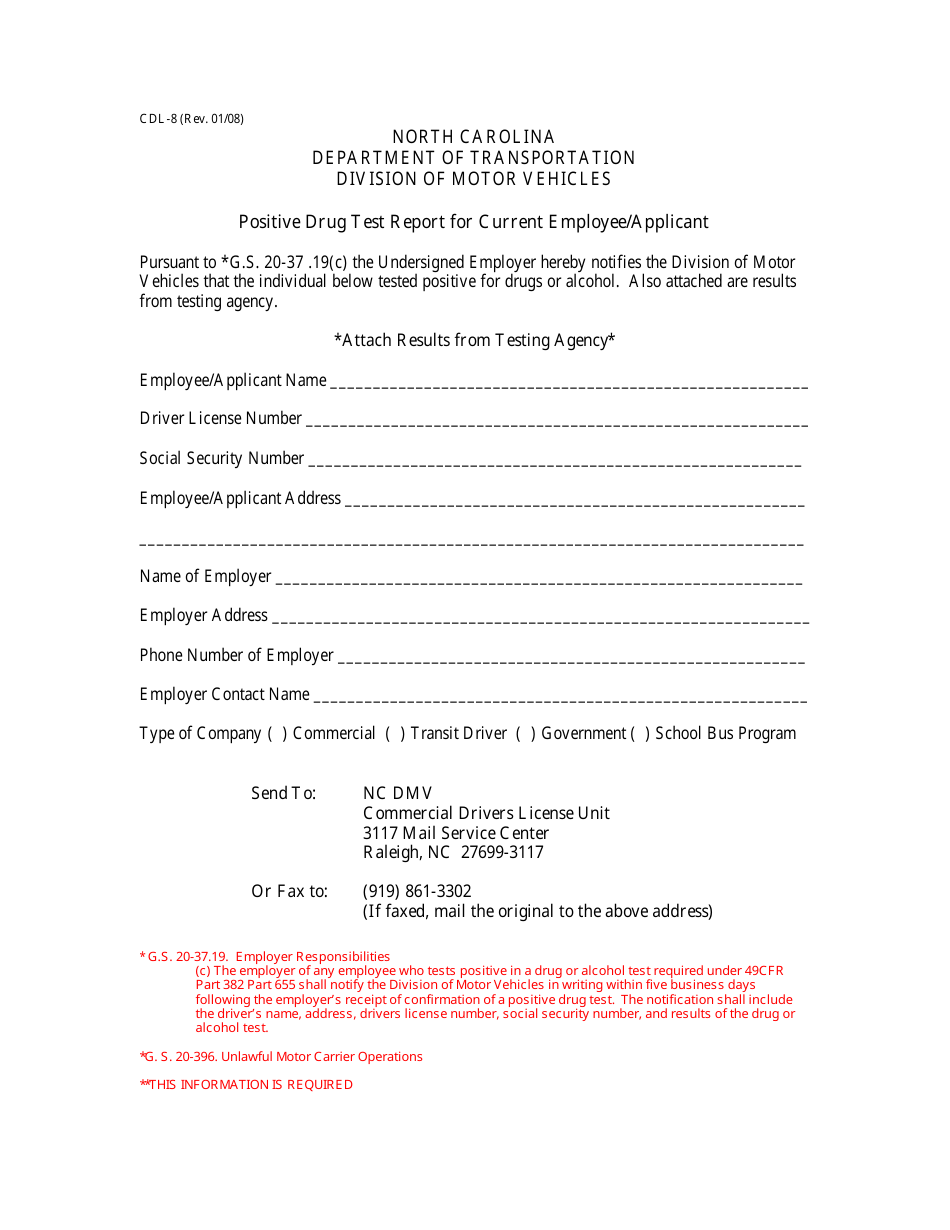 Form CDL-8 Positive Drug Test Report for Current Employee / Applicant - North Carolina, Page 1