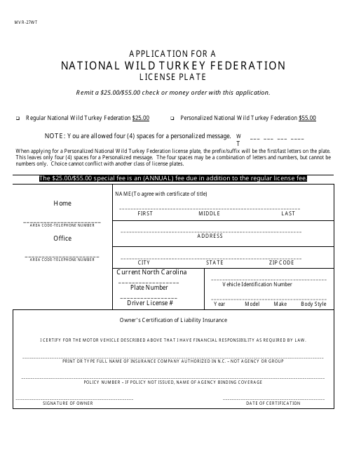 Form MVR-27WT Application for a National Wild Turkey Federation License Plate - North Carolina