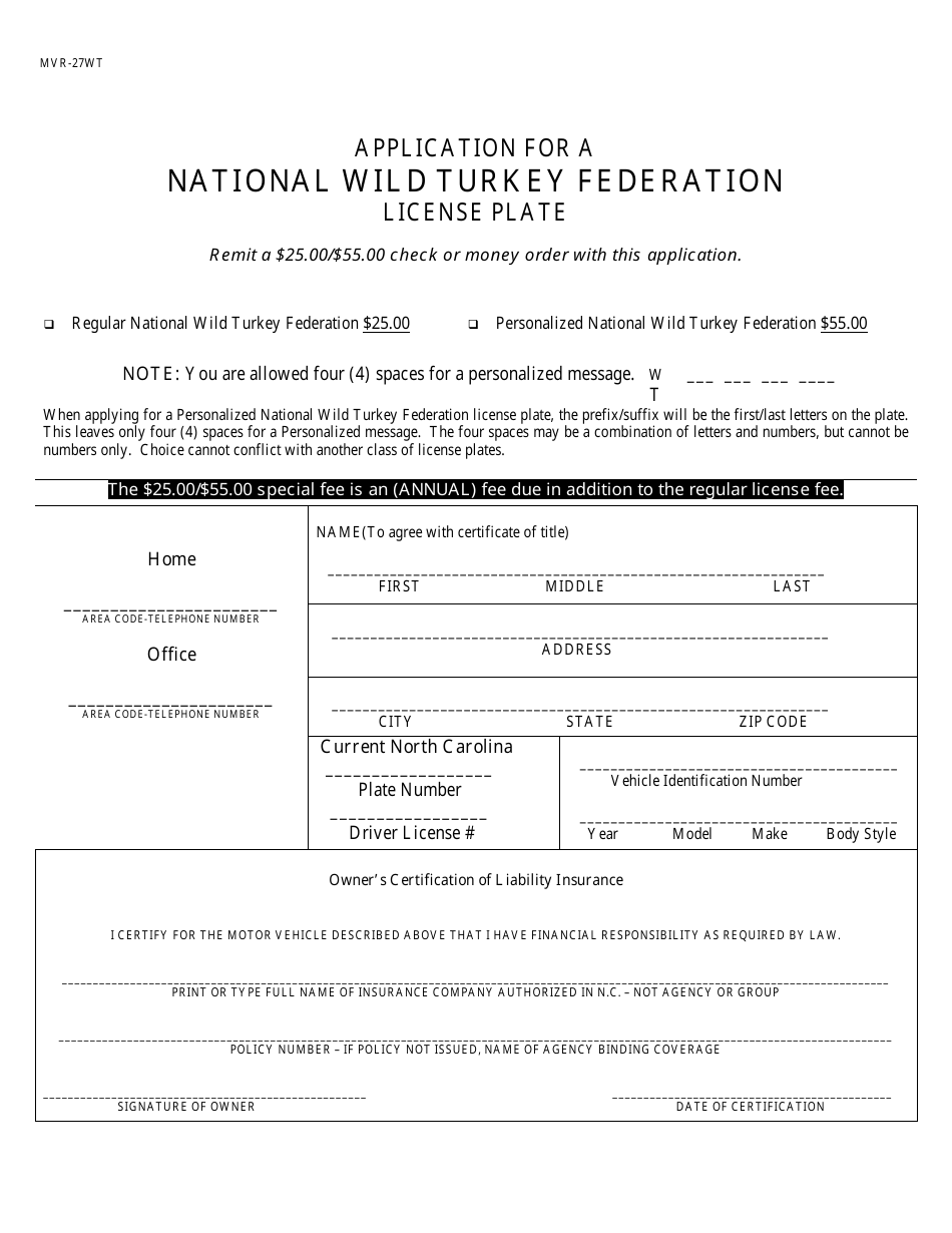 Form MVR-27WT Application for a National Wild Turkey Federation License Plate - North Carolina, Page 1