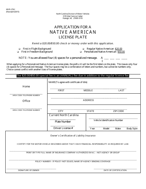 Form MVR-27AI Application for a Native American License Plate - North Carolina