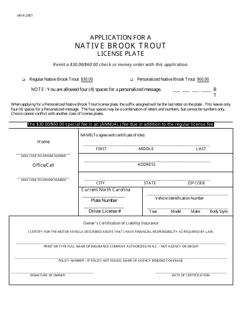 Form MVR-27BT Application for a Native Brook Trout License Plate - North Carolina